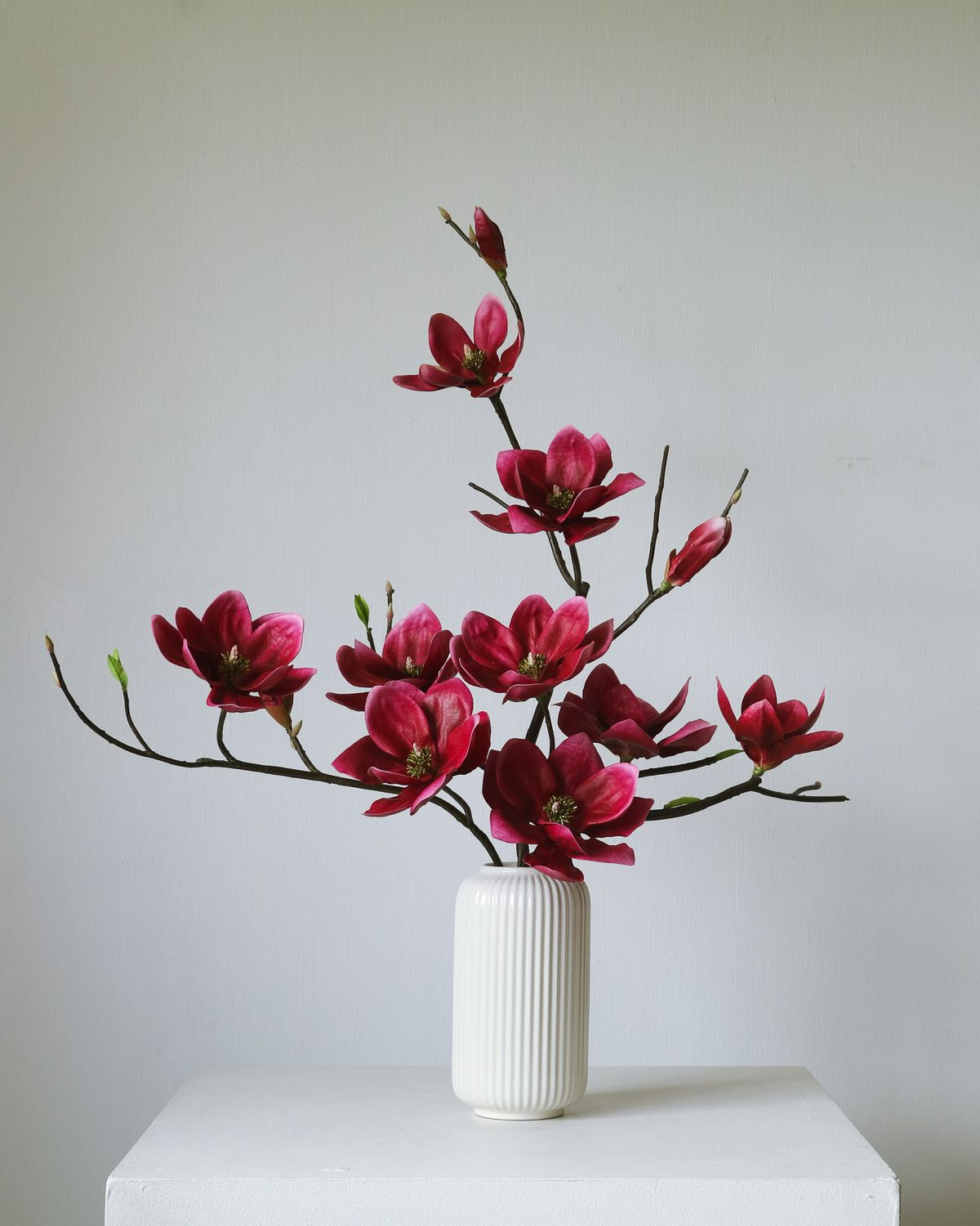 Premium Faux Deep Crimson Magnolia Arrangement in Fluted Vase | Evergreen Botanicals