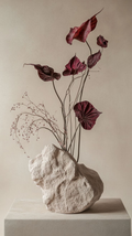 The Zen Stone Arrangement | Faux Crimson Foliage in Artisan Rock Vase