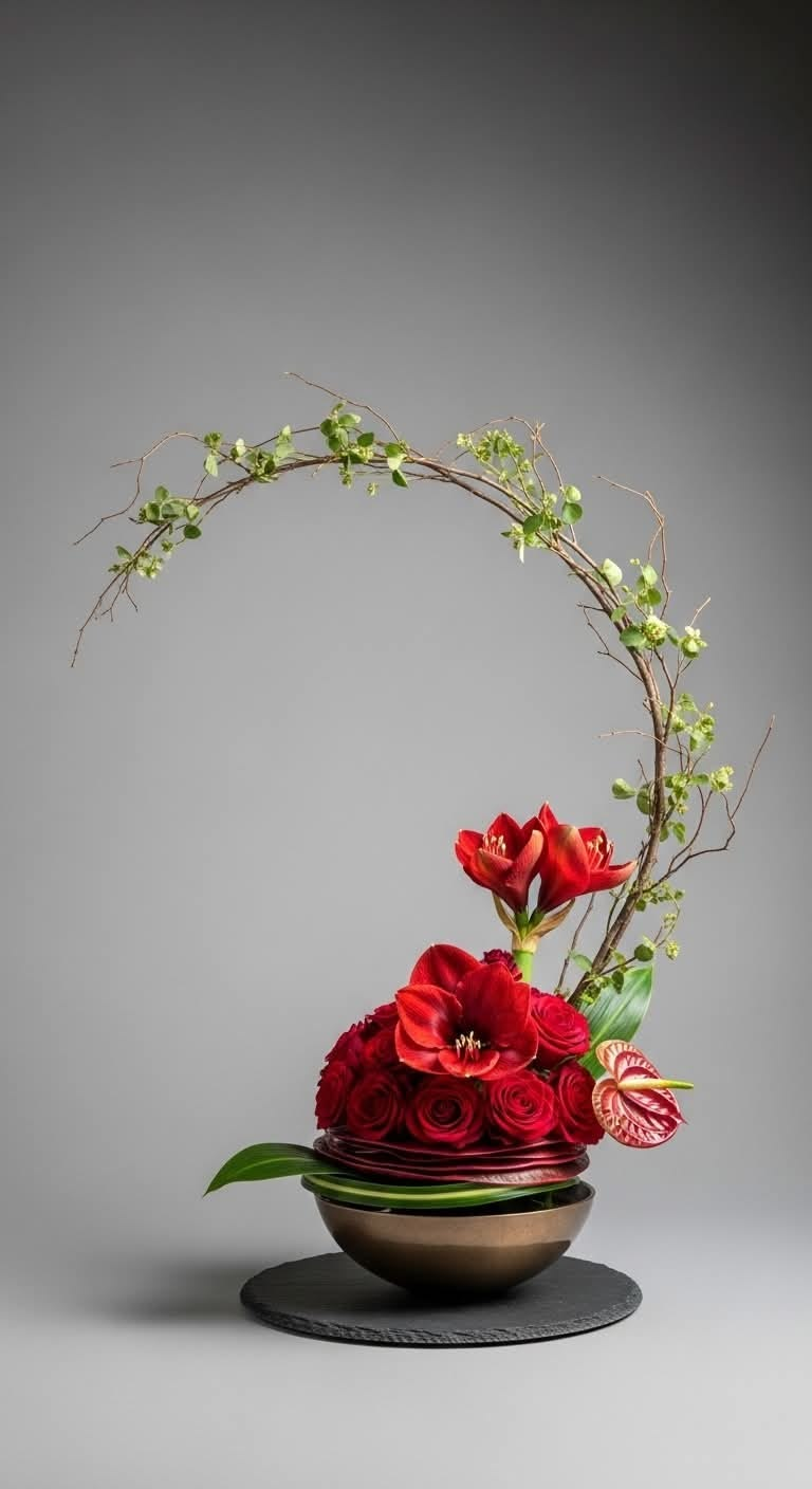 Crimson Zenith | Luxury Neo-Ikebana Faux Arrangement in Bronze Bowl
