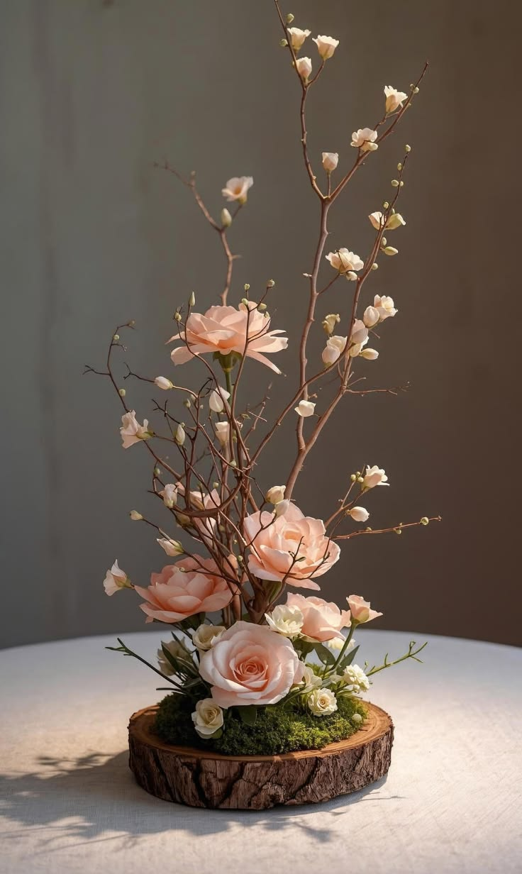 Woodland Blush | Premium Faux Rose & Moss Arrangement on Bark-Edge Base