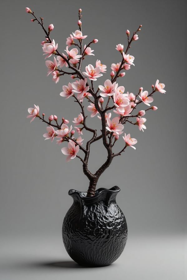 Midnight Sakura | Premium Faux Cherry Blossom in Hand-Textured Black Vase